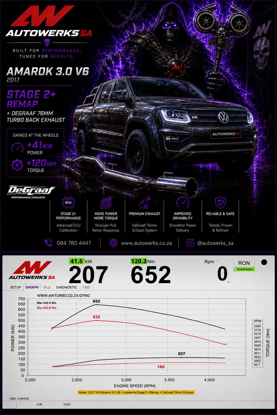 VW Amarok 3.0 V6 Stage 2+ dyno result by Autowerks SA